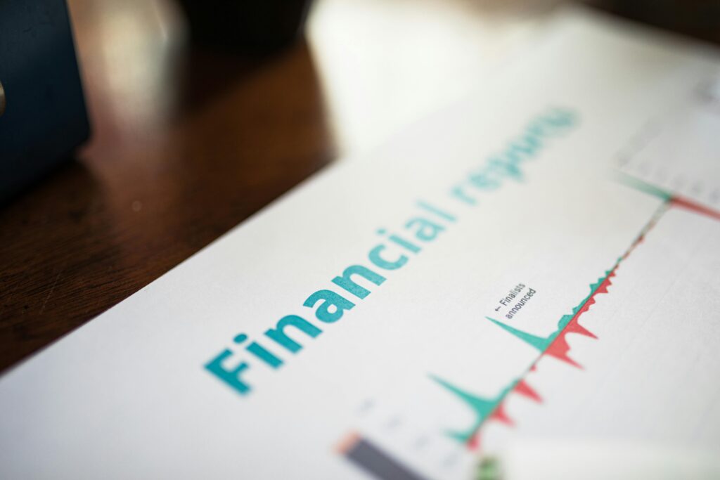 Detailed view of a financial report with a focus on graphs and data analysis.